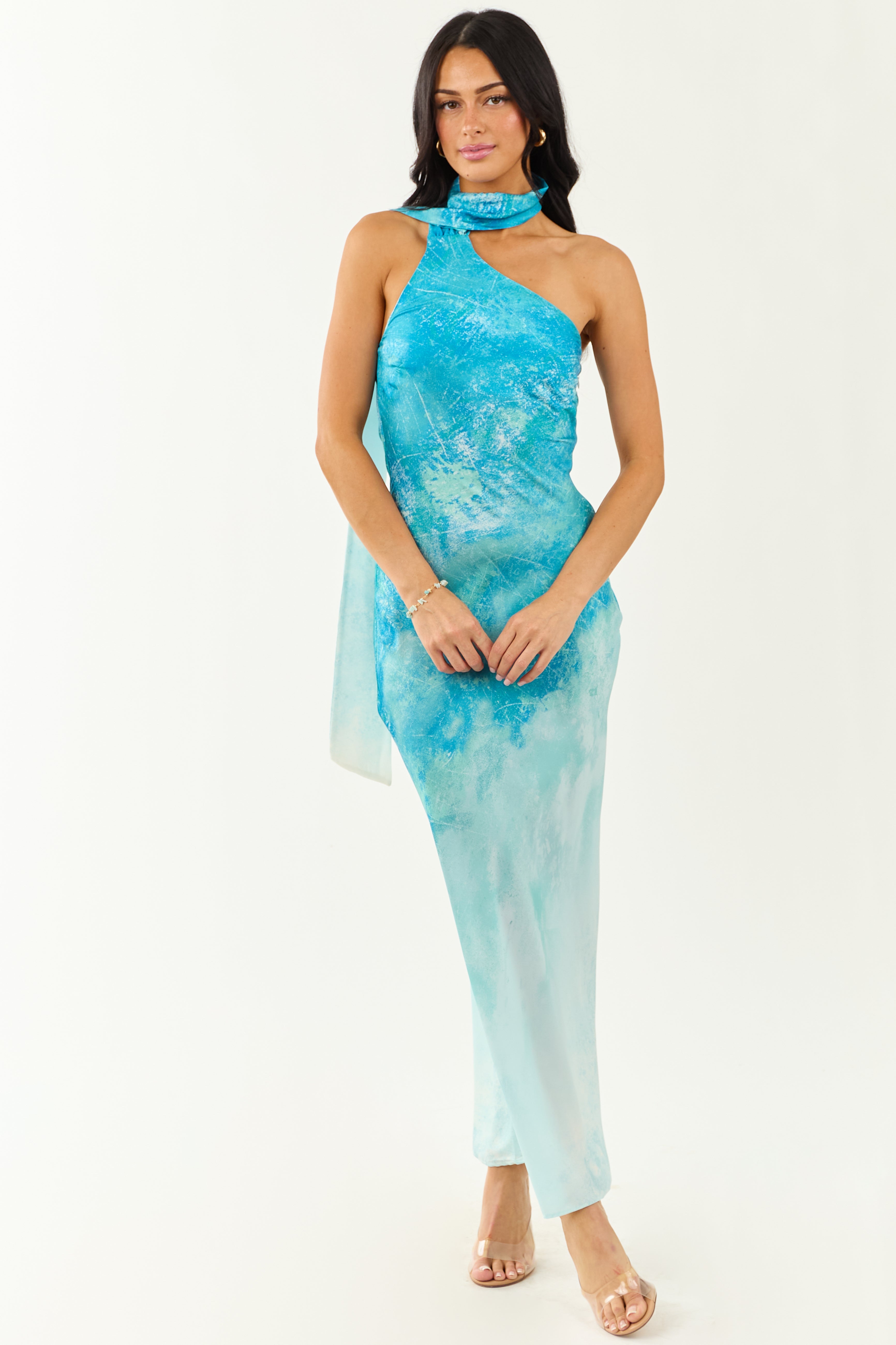 Azure Ombre One Shoulder Sash Maxi Dress