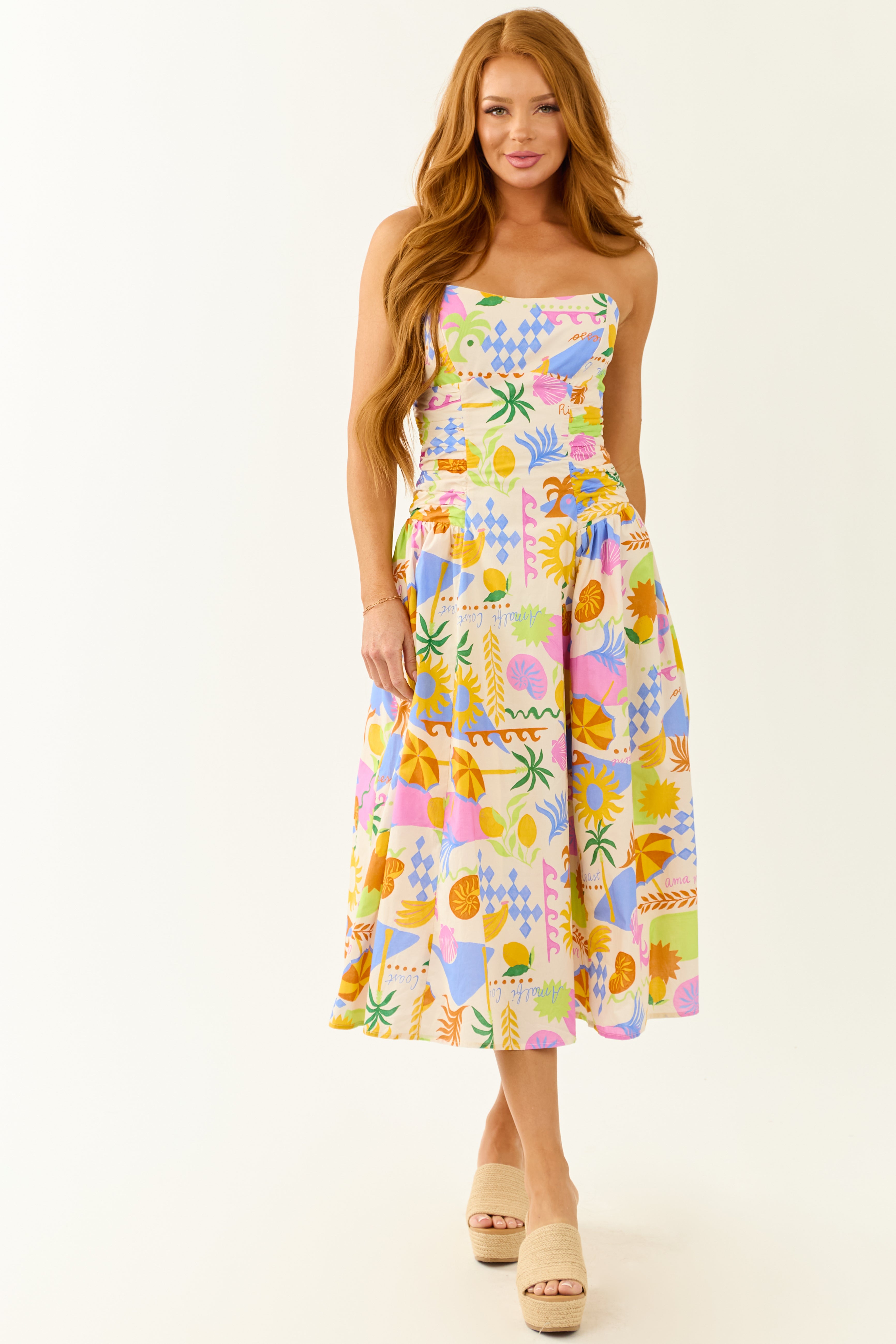 Champagne Abstract Print Strapless Cotton Midi Dress