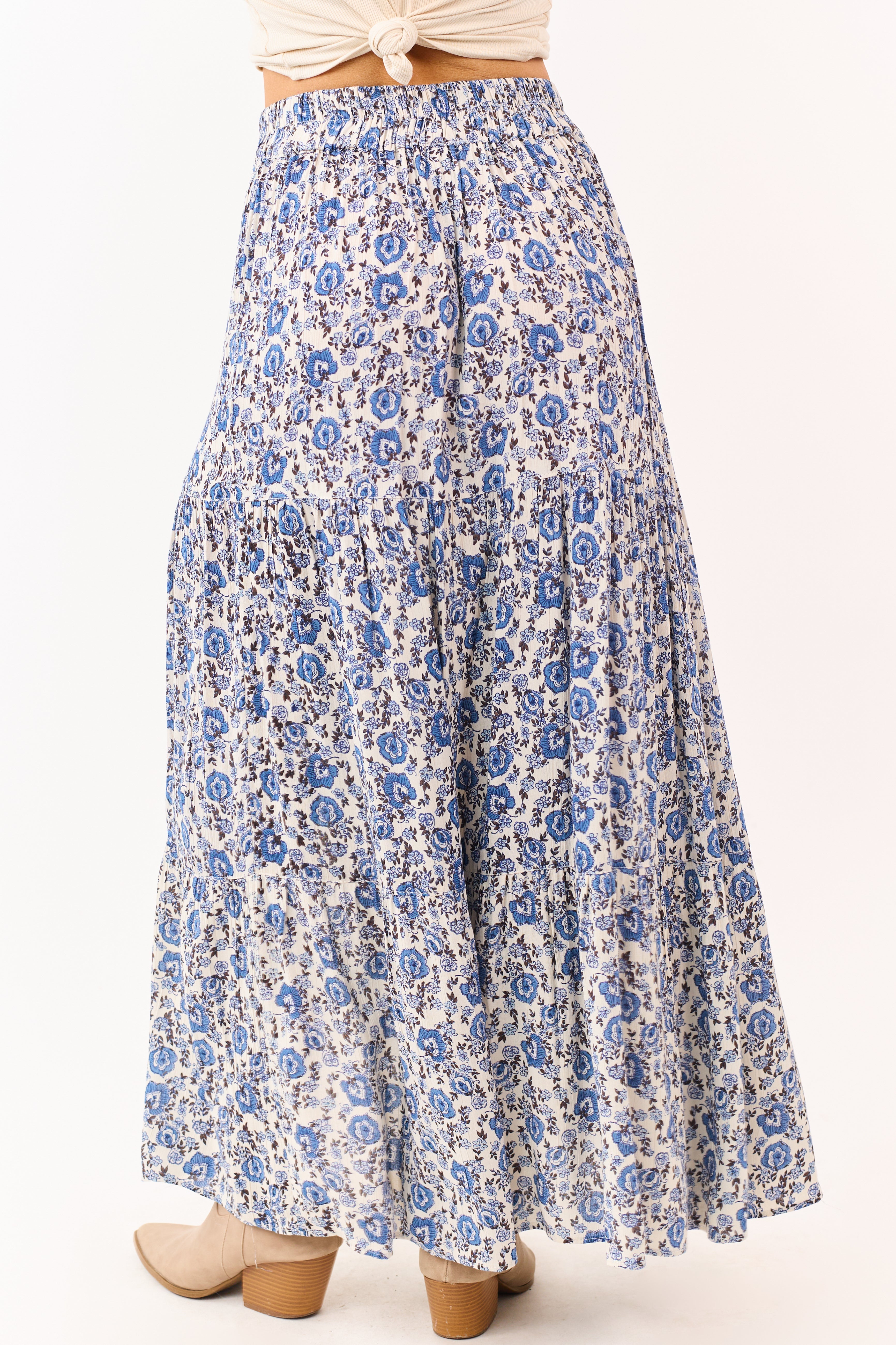 Coconut Floral Print Side Slit Tiered Maxi Skirt