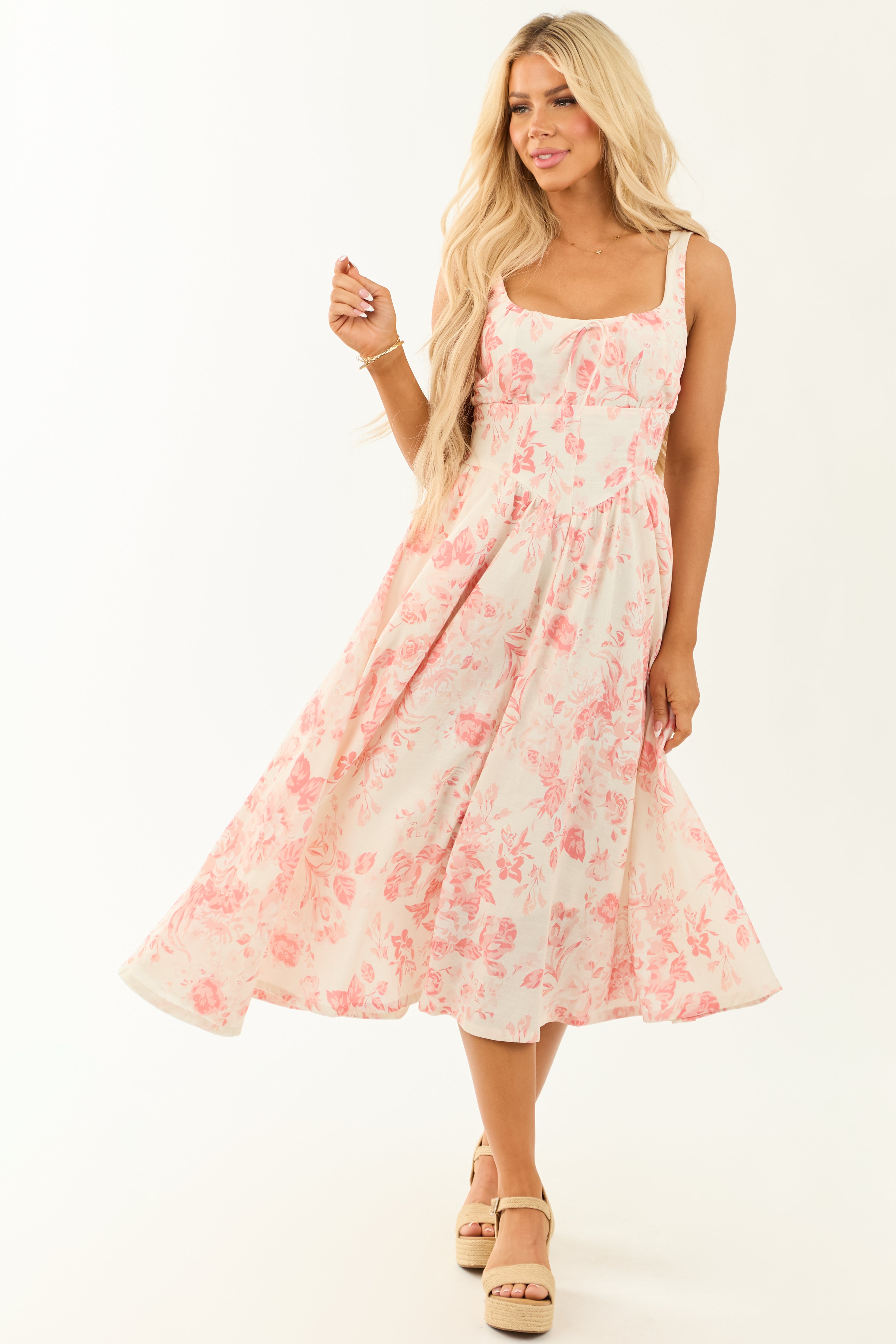 Coral Linen Blend Floral Print Sleeveless Midi Dress