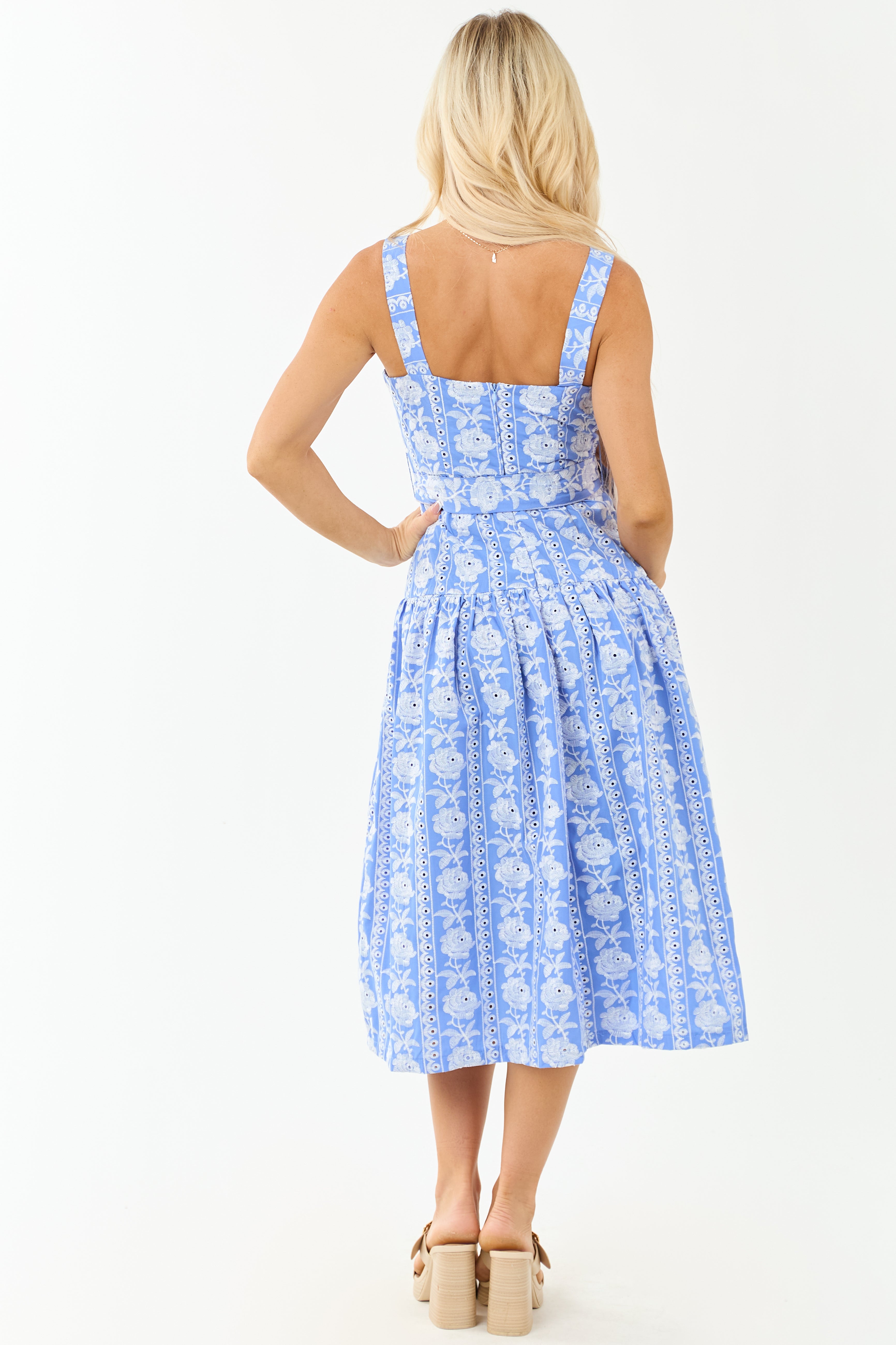 Cornflower Floral Embroidered Waist Tie Midi Dress