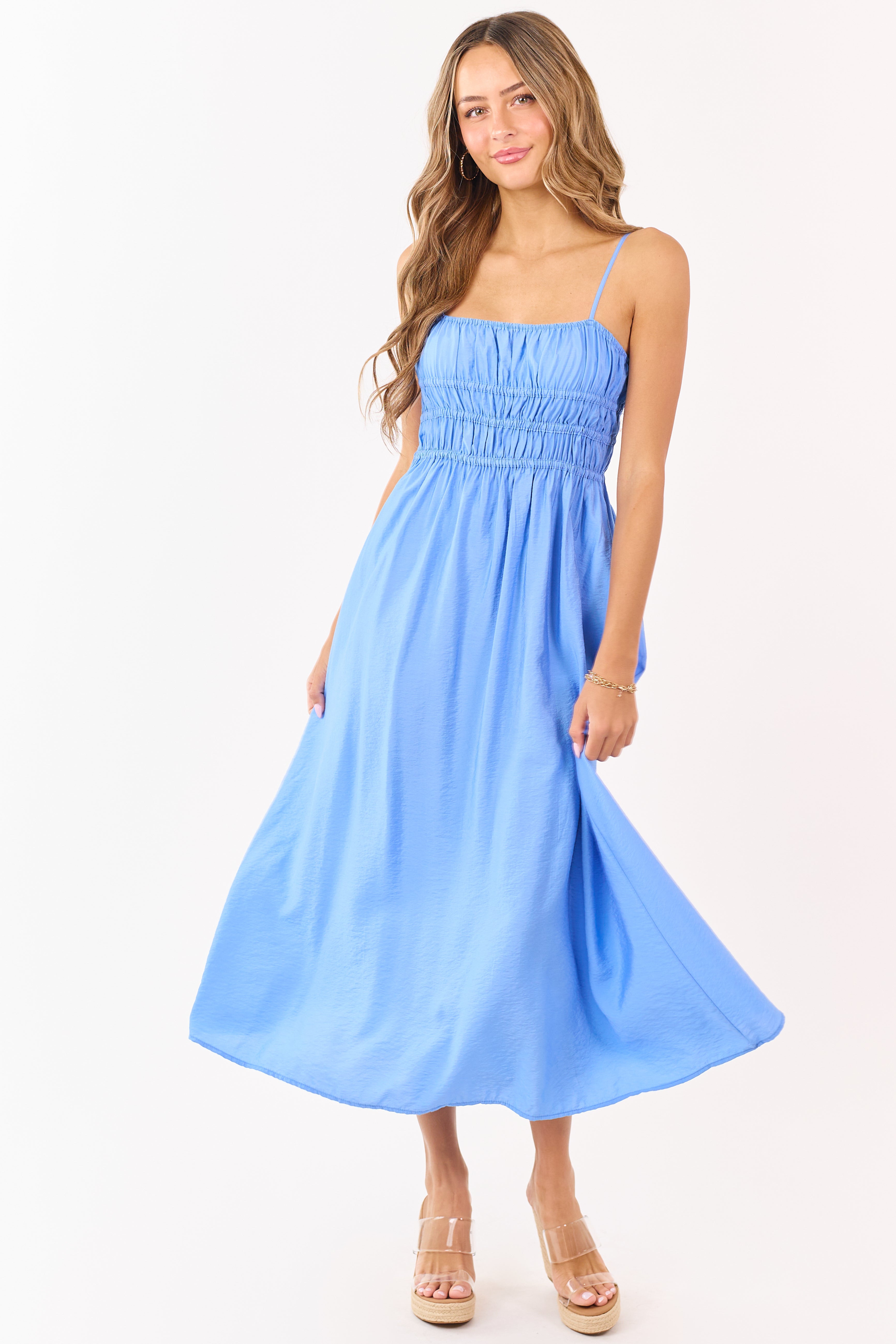 Cornflower Smocked Bodice Sleeveless Maxi Dress