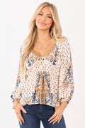 Cream Boho Floral Deep V Long Sleeve Babydoll Top