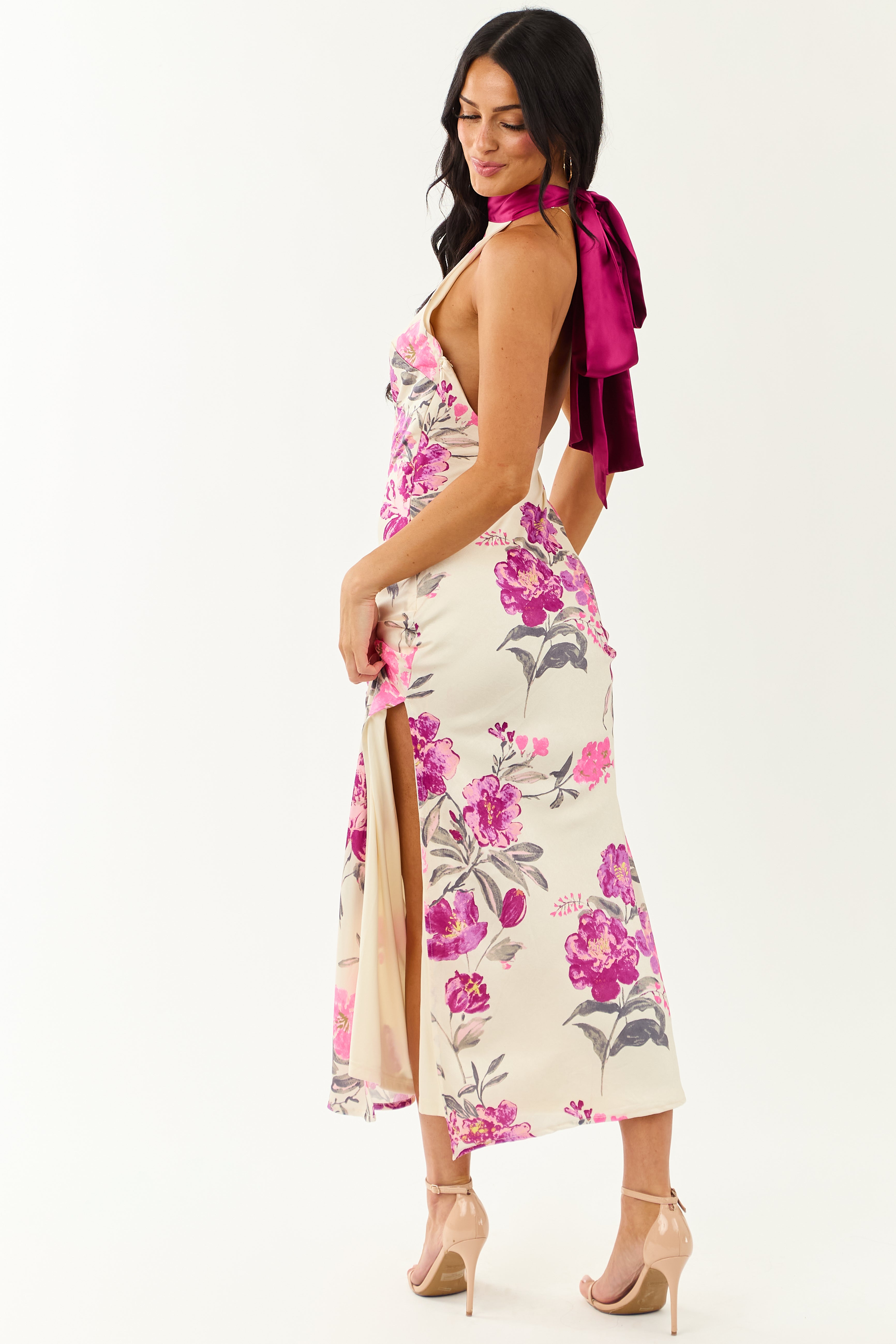 Cream Floral Satin Halter Neck Side Slit Maxi Dress