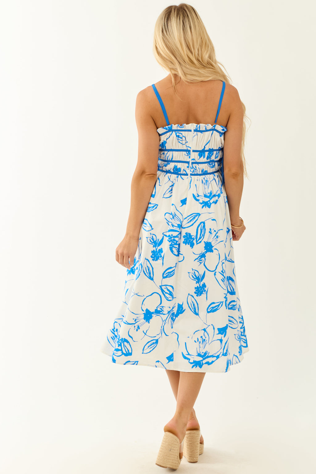 Ivory Floral Print Square Neck Sleeveless Midi Dress