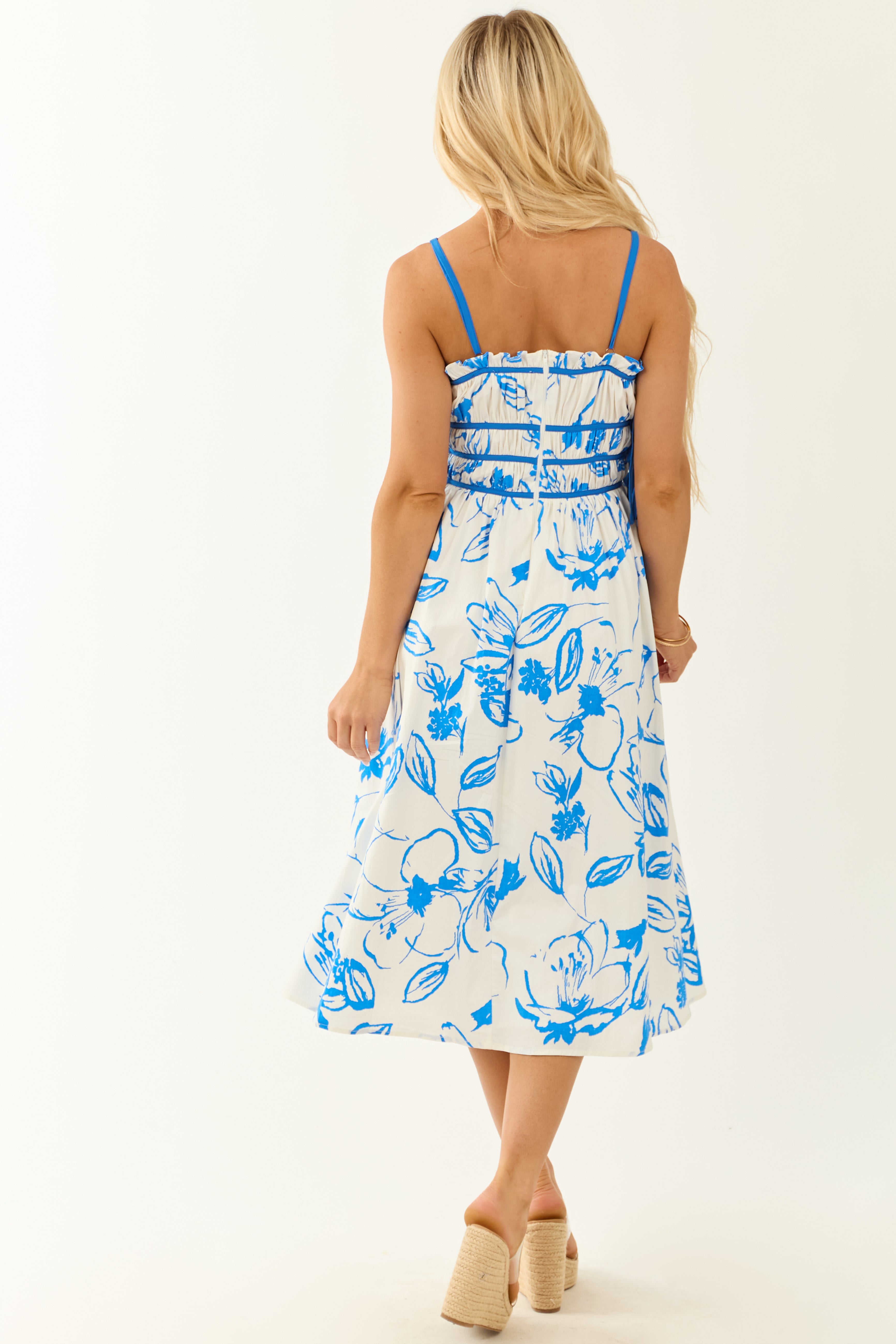 Ivory Floral Print Square Neck Sleeveless Midi Dress