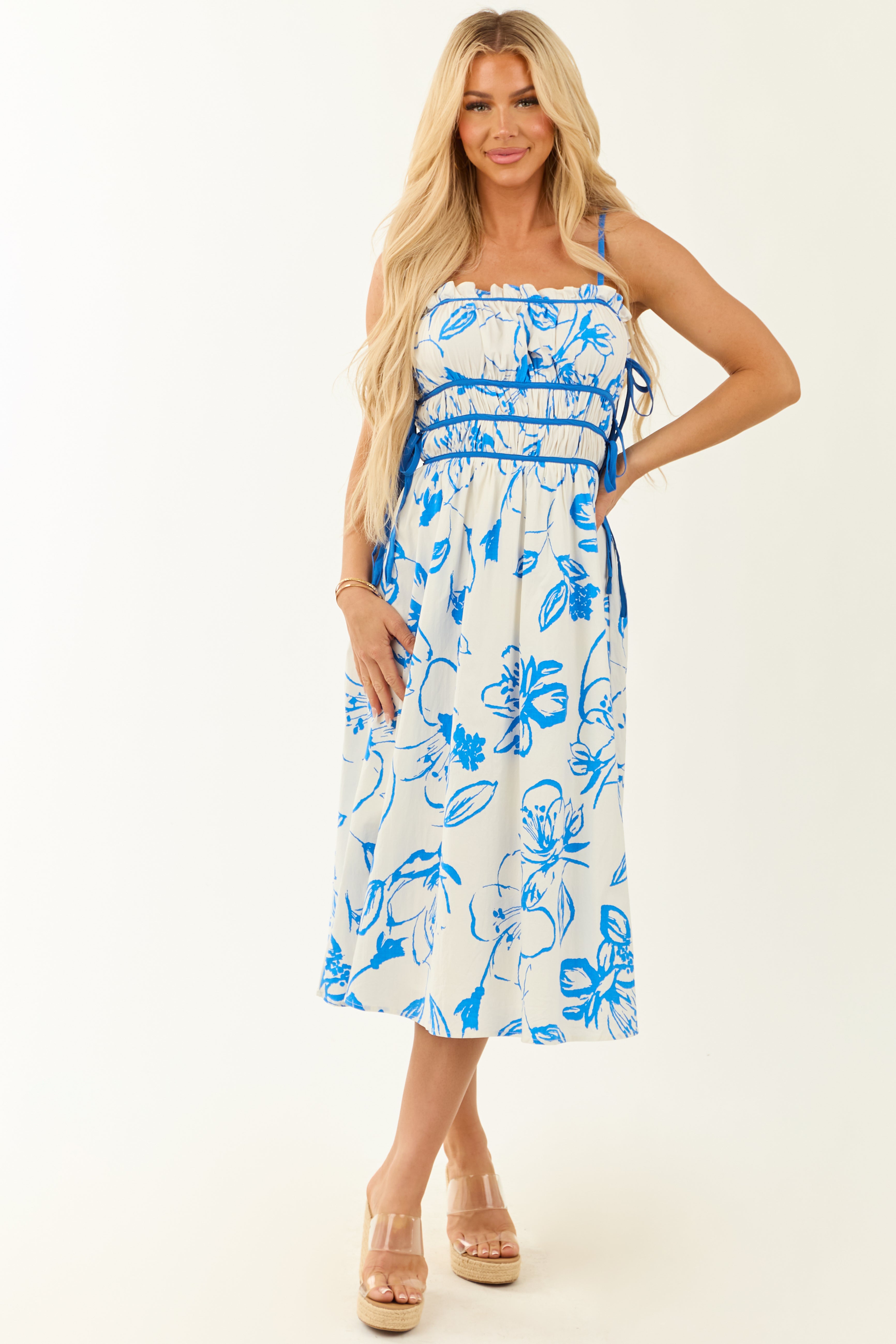 Ivory Floral Print Square Neck Sleeveless Midi Dress