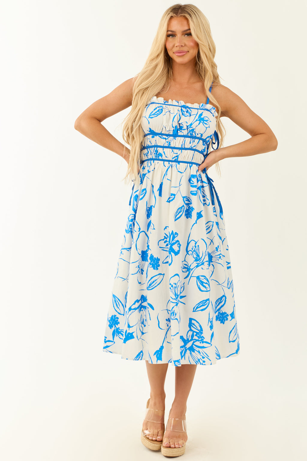 Ivory Floral Print Square Neck Sleeveless Midi Dress
