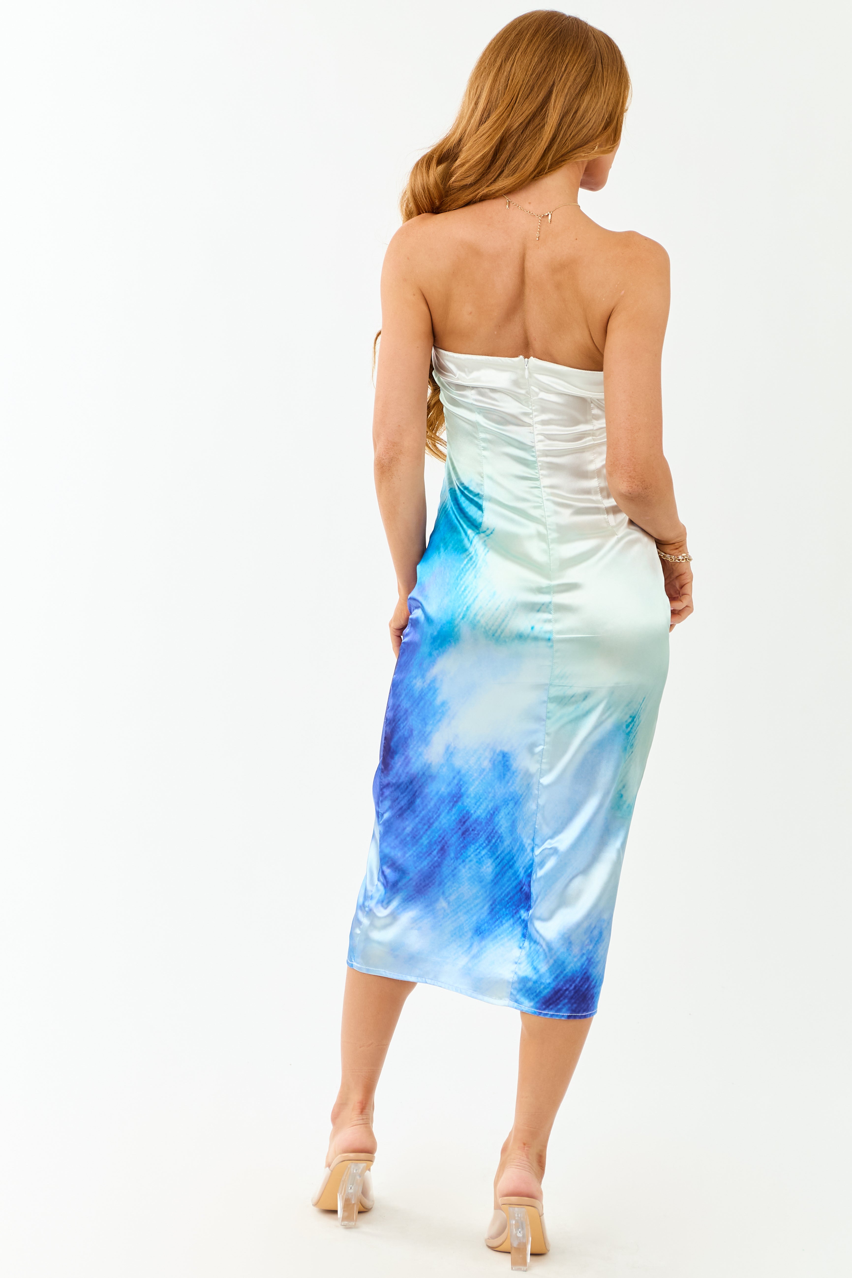 Ivory Satin Ombre Straight Neck Strapless Midi Dress