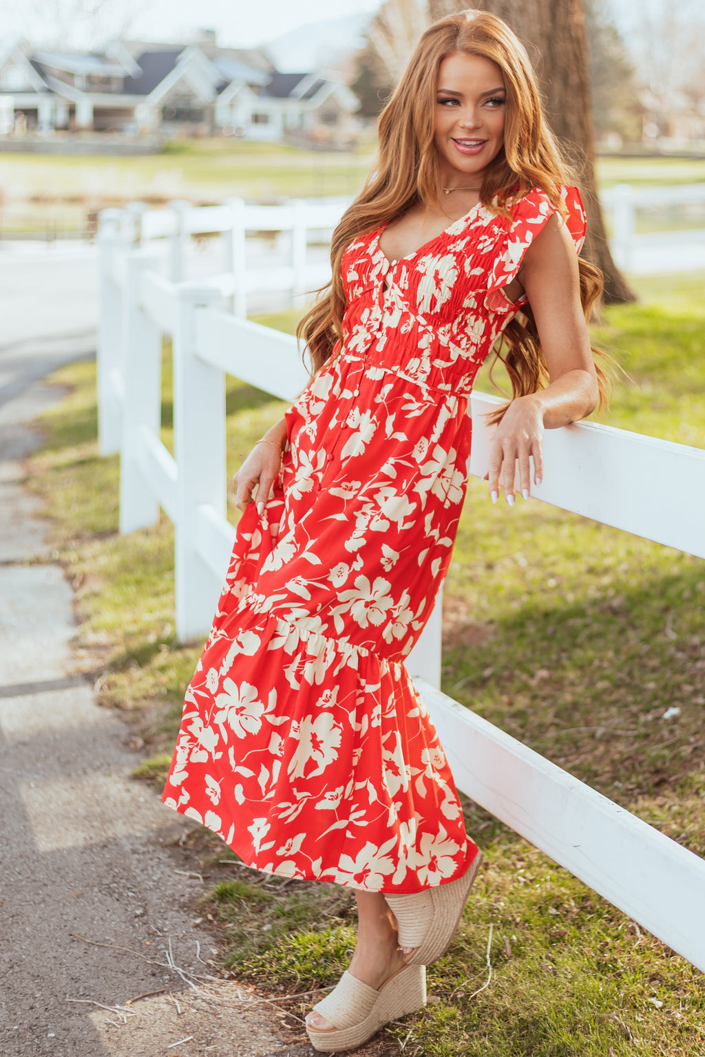 Lipstick V Neck Floral Print Button Down Midi Dress