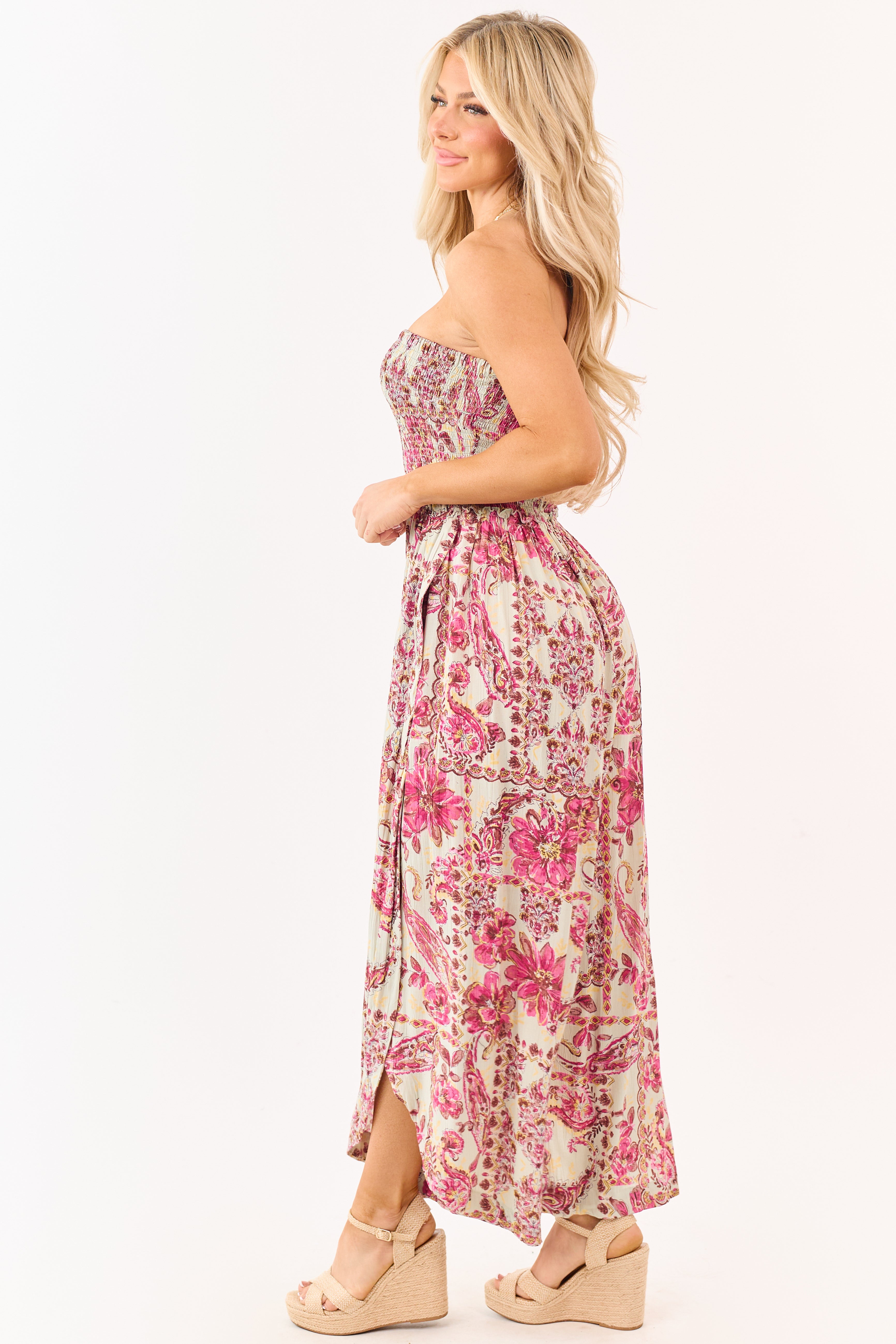Mint Floral Print Strapless Smocked Bodice Jumpsuit