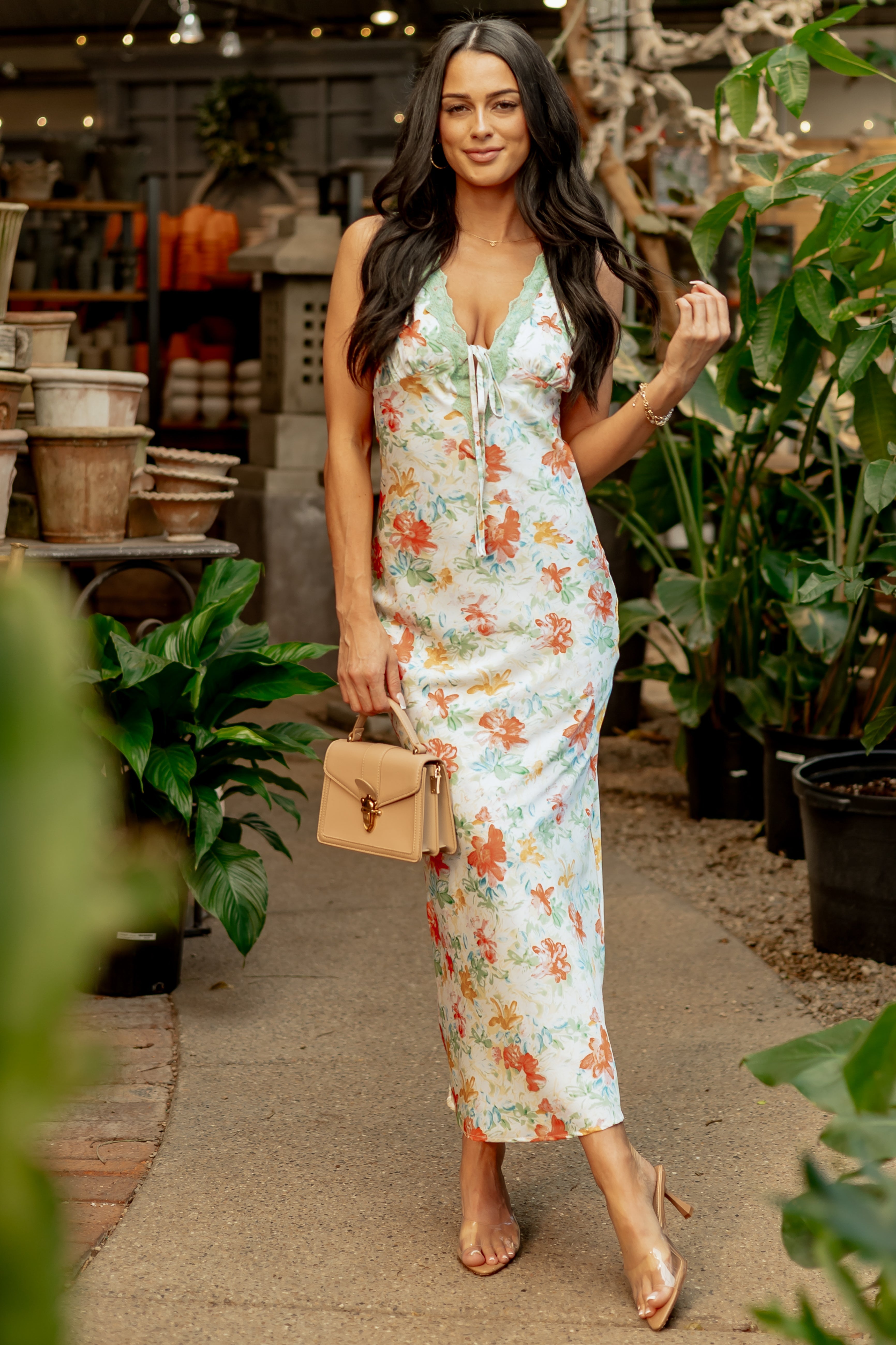 Sage Floral Satin Lace Trim Deep V Maxi Dress